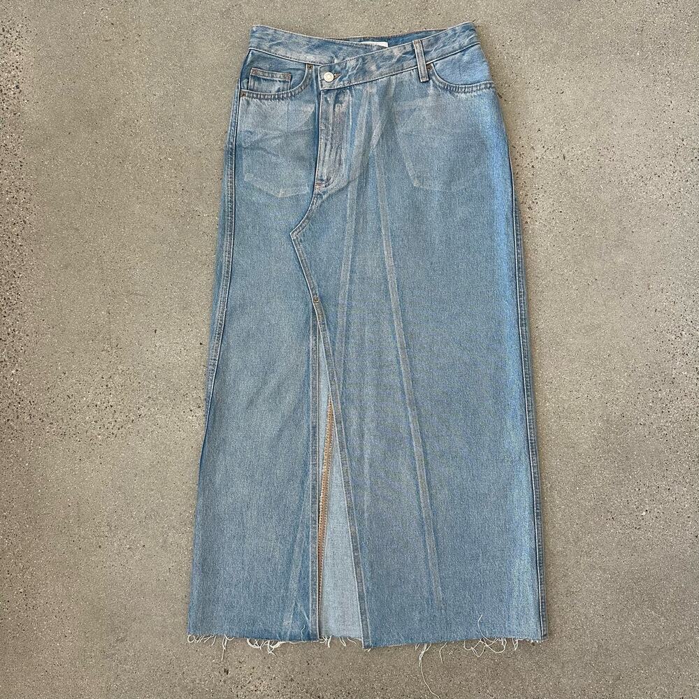 Zara Asymmetric Denim Metallic Skirt Blue Silver